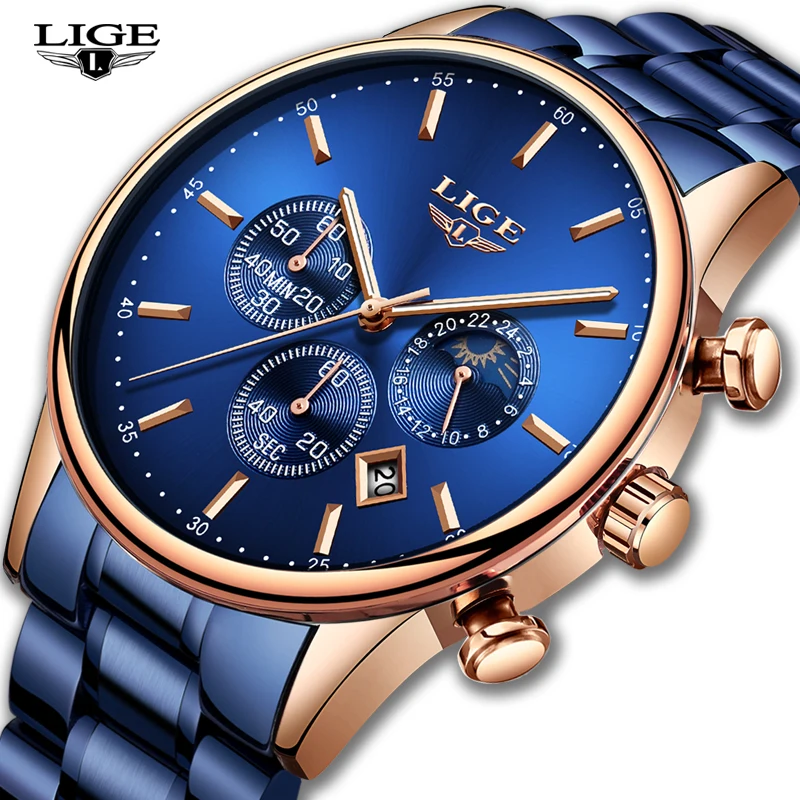 Часы наручные LIGE мужские Кварцевые водонепроницаемые модные деловые с