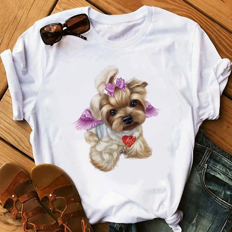 

2021 New Little Yorkshire Terrier Coke High Heels Harajuku T-shirt Lipstick Cute Angel Yukshire Print Girl Top Women's T-shirt