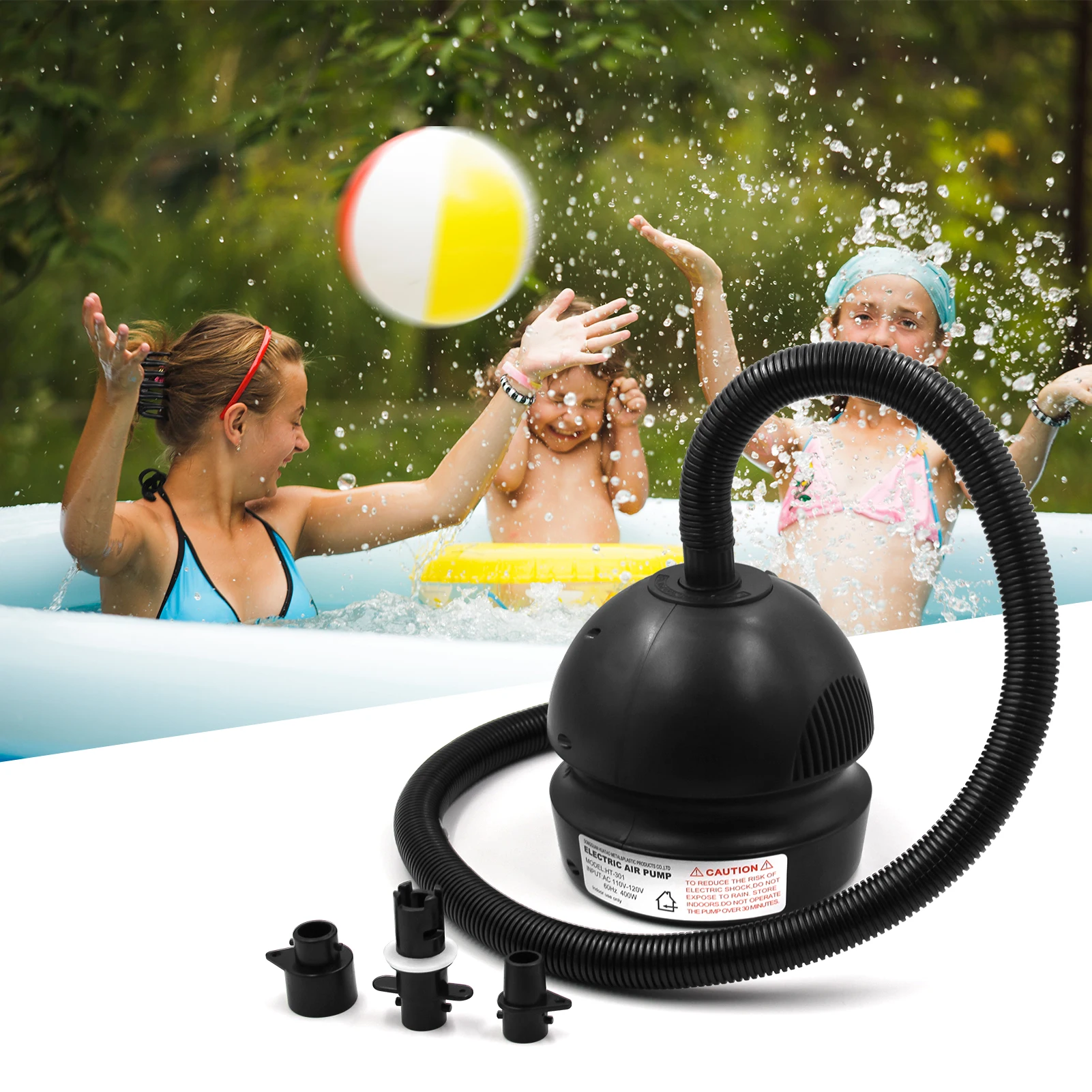 

Electric Air Pump 400W with 3 Different Nozzles Automatic Air Inflator for Inflatable Air Mattress Boat Air Bed Pool Swim Ring