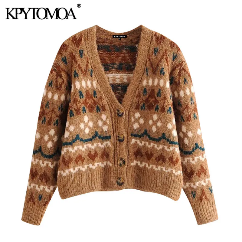 

KPYTOMOA Women 2021 Fashion With Buttons Jacquard Knitted Cardigan Sweater Vintage V Neck Long Sleeve Female Outerwear Chic Tops