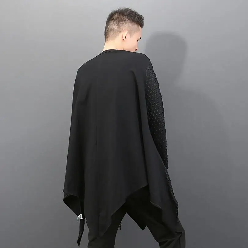 

Europe Spring Autumn And The United States Large Size Irregular Hem Round Neck Long Sleeve Loose Casual Black Men's Clothing