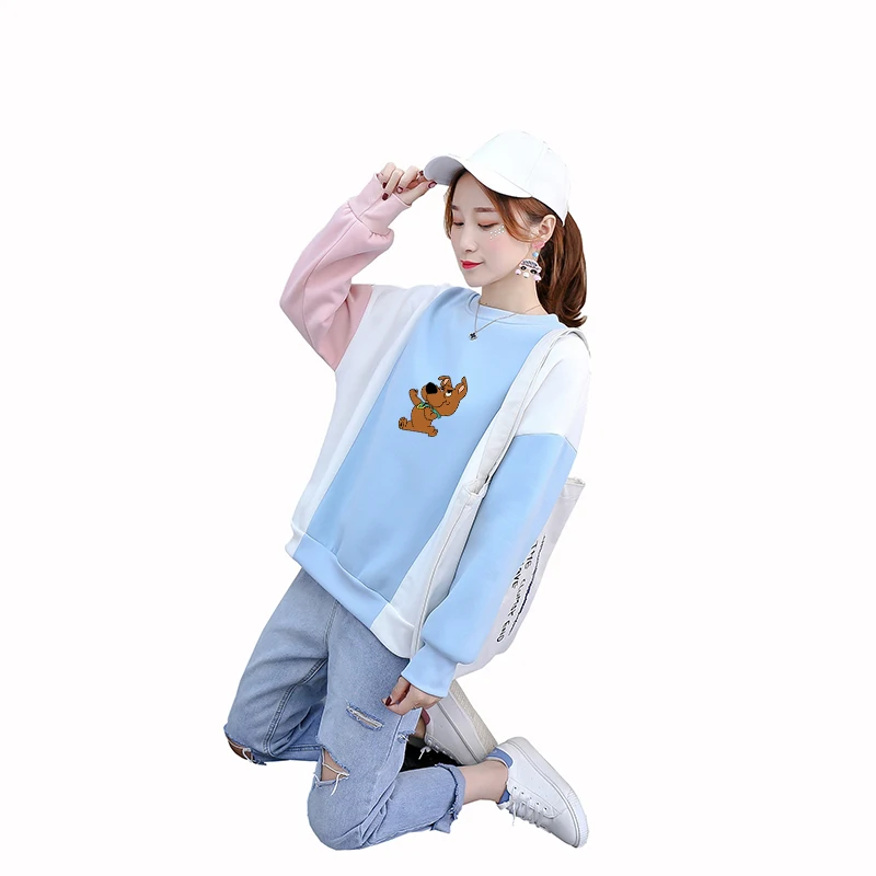 

Autumn Spring Hoodies Sweatshirts Women Streetwear Casual Harajuku Kawaii Cartoon Dog Print Fleece Spell Color Splicing Pullover