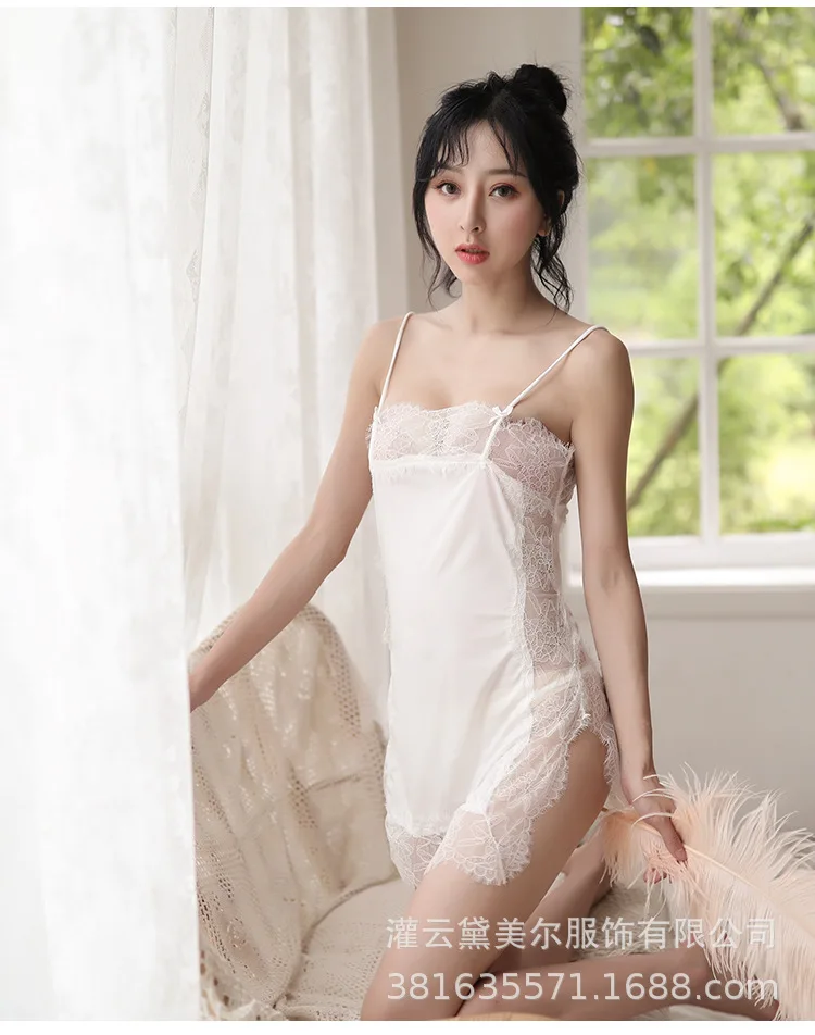 

Sexy Lingerie Lace Ice Silk Nightdress Women Lace Macrame Tube Top Side Perspective Slit Sling Nightdress Temptation Pajamas