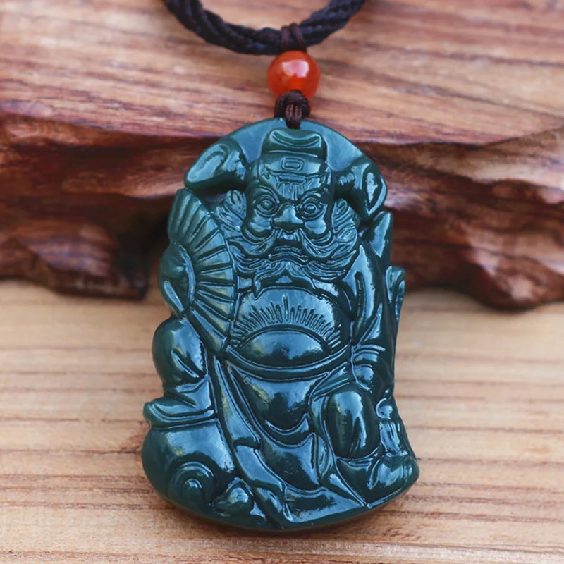 

Real Natural Green Hetian Jade Pendant Handed Carved Patron Saint Pendant Necklace Gift Men's Jewelry