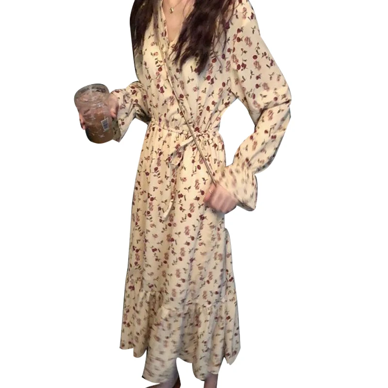 

Women's Spring Autumn Style Dress Women's Loose Ruffles V-Neck Printed Long Sleeve Elegant Sweet Dress SS3594
