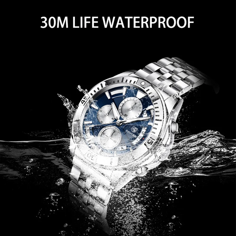 benyar brand mens quartz watches hot selling fashion multi function six pin waterproof watch steel band calendar watches free global shipping