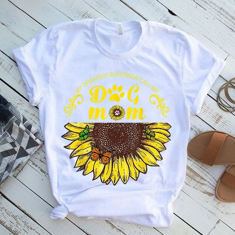 

Dog MAMA Sunflower Print Women T Shirt Short Sleeve O Neck Loose Women Tshirt Ladies Tee Shirt Clothes Camisetas Mujer