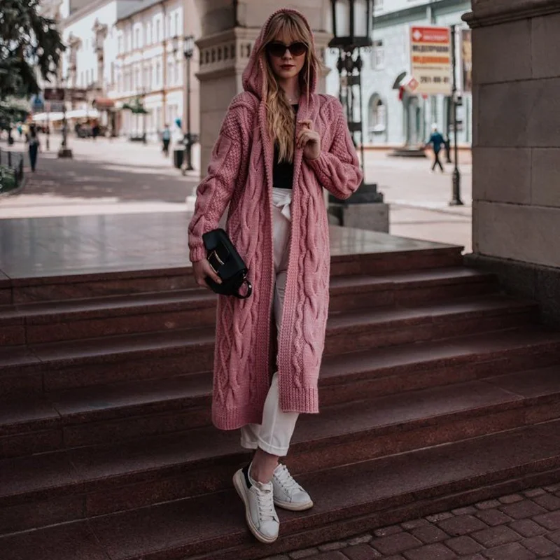 Long Cardigan Casual Lantern Sleeve Open Stitch Warm Women Sweater Winter Loose Knitted Hooded Coat Plus Size S-5XL |
