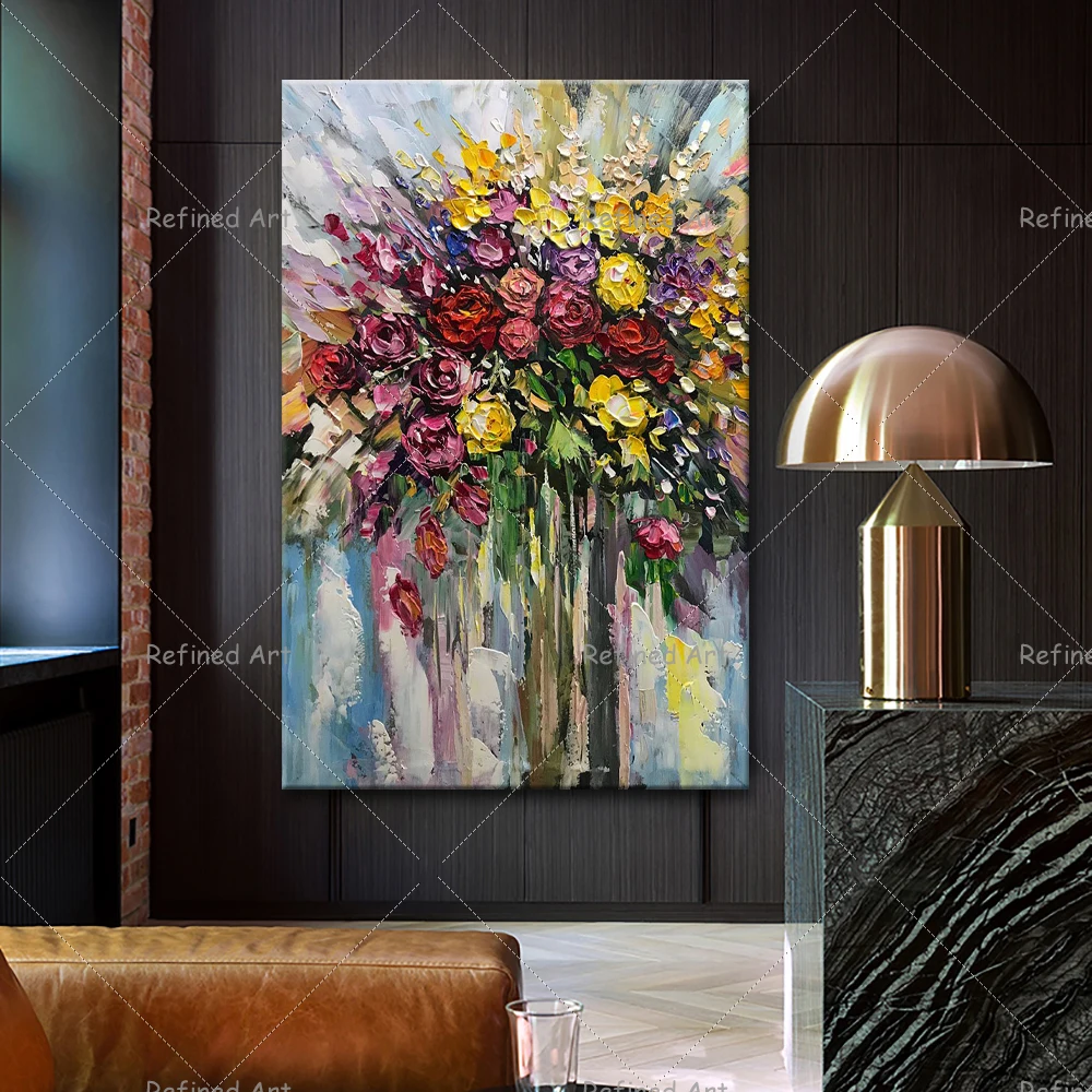 Paleta de pintura al &oacute;leo pintada a mano, Arte abstracto colorido de flor de Rosa, lienzo para decoraci&oacute;n de pared del hogar y sala de estar-0