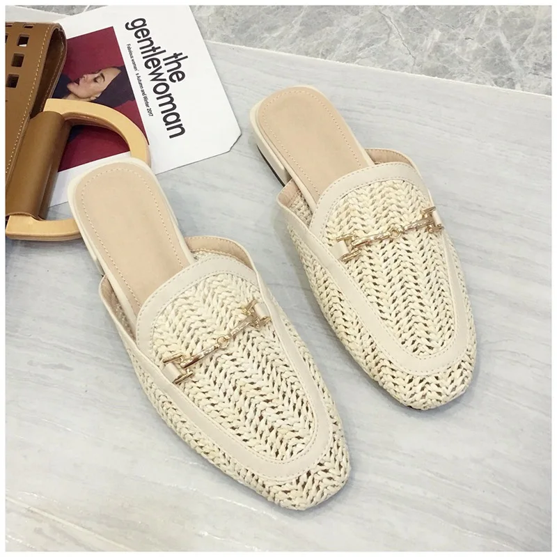 New Fashion Women Mules Slipper Low Heel Slip On Slide Sandals Cane Woven Beach Summer Slippers Flat Sandals