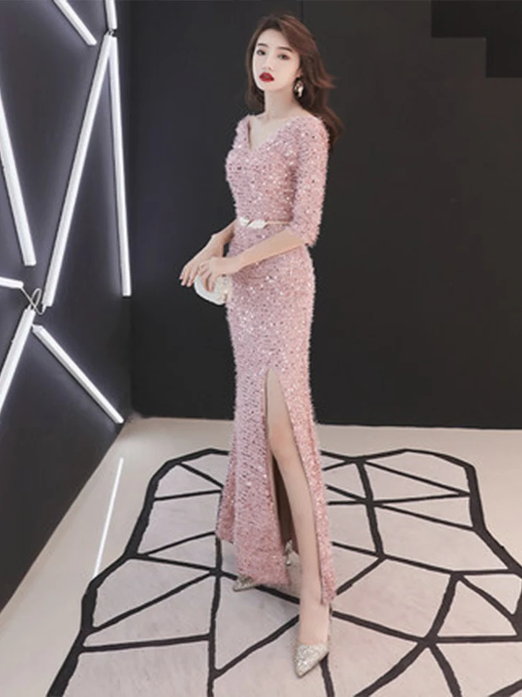 Evening Dress Split Backless Sequin Women Party Dresses Half-sleeve Zipper Robe De Soiree Short Sleeve Formal Gowns F057