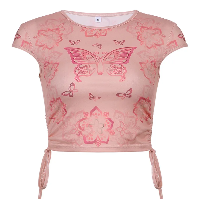 

Fashion Women's Butterfly Print Contrast Color Slim Drawstring Navel Short Sleeve T Shirt Top New