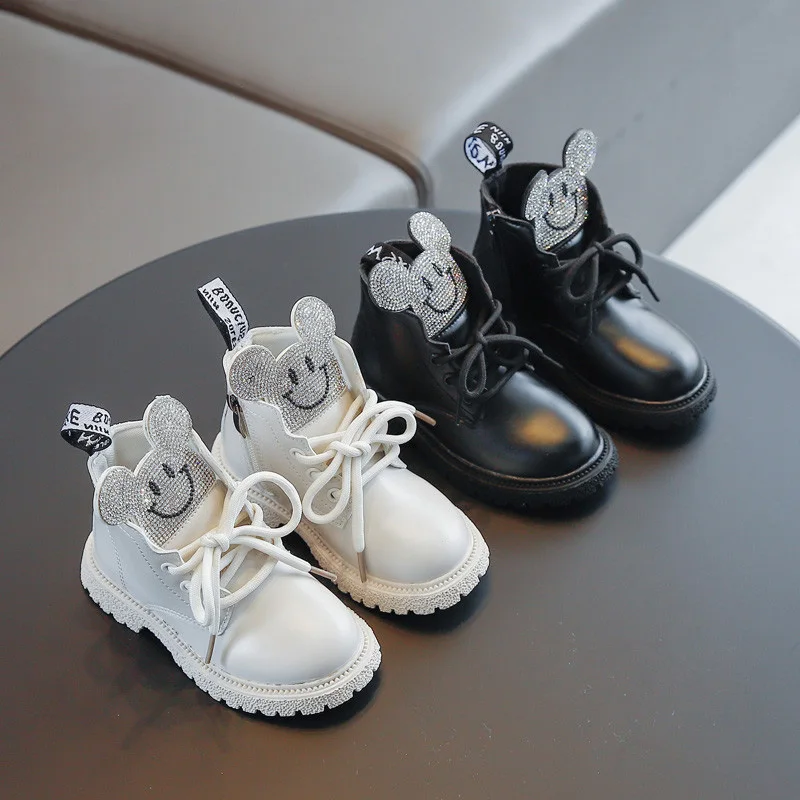 

Детские Ботинки Martin 2022, Зимние новые стильные черно-белые ботильоны на шнуровке с мультяшным рисунком, детские Нескользящие ботильоны 21-37