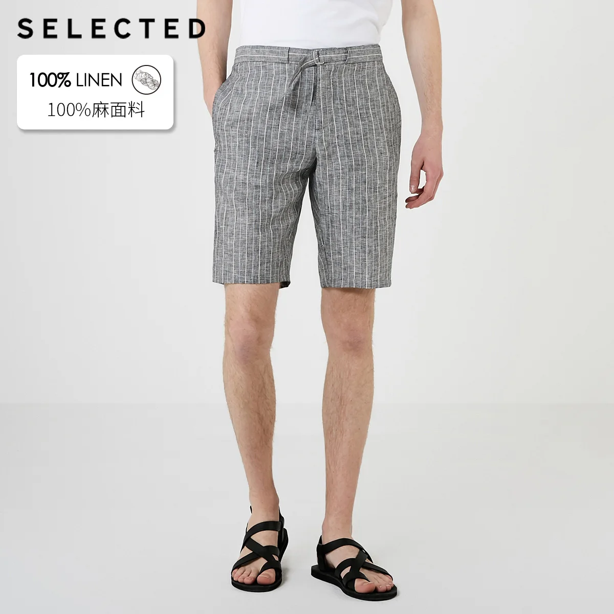 

SELECTED Men's Linen Straight Fit Striped Casual Knee-high Shorts S|4192SH538