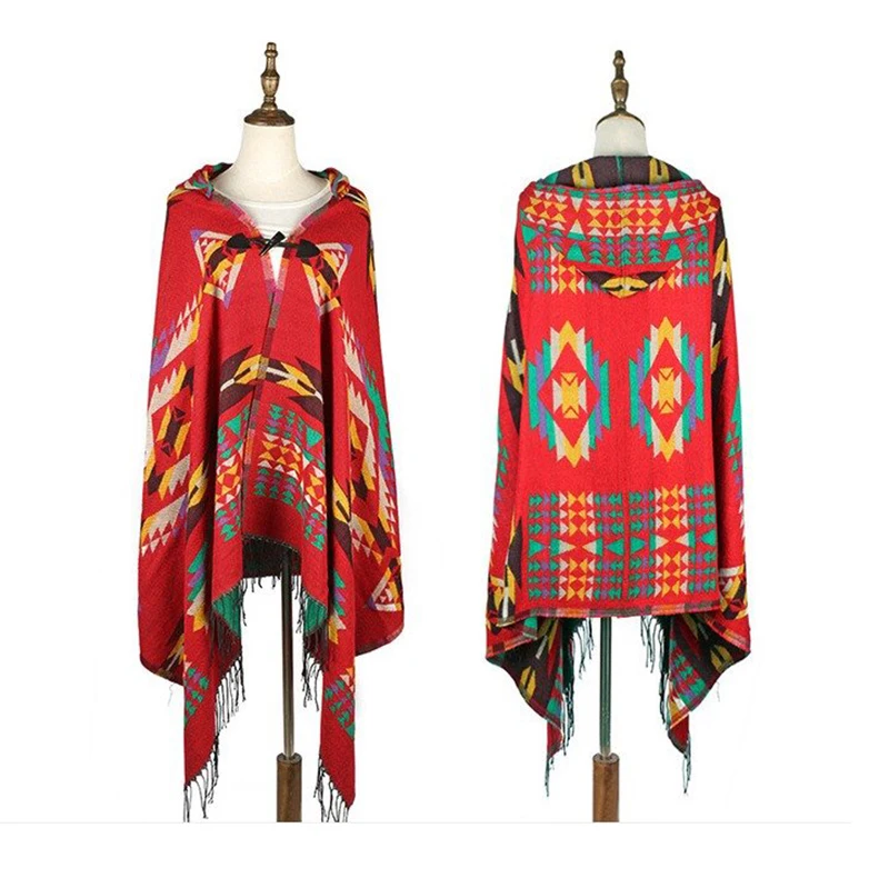 Ladies Warm Winter Scarf imitation Cashmere Bohemian National Wind Hooded Horn Buckle Cloak Travel Air Conditioning Shawl | Аксессуары