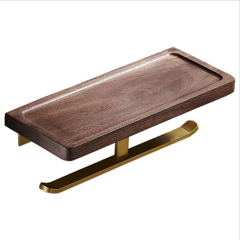 

Bathroom Walnut Wood Paper Holder Phone Holder Wall Mount WC Roll Paper Holder With Phone Shelf Toilet Towel Rack