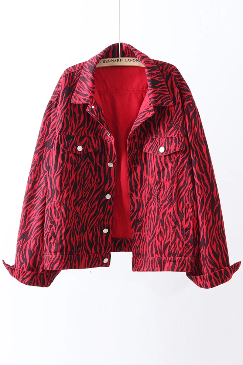 

Red zebra pattern denim jacket trendy ins women's short 2020 autumn Korean version loose wild jacket top jackets