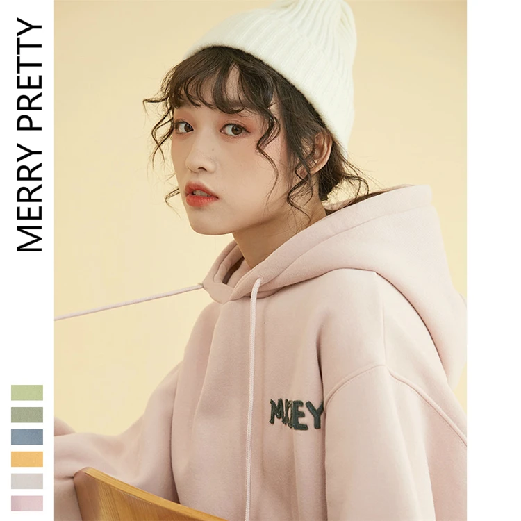 Merry Pretty, женские толстовки Harajuku с мультяшной вышивкой, флисовые толстовки, зимние толстые теплые розовые пуловеры с карманами и капюшоном