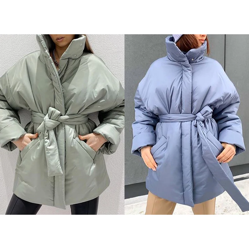 

Collected Waisted Simple Parkas Women Fashion Coats Women Elegant Spring Autumn Stand Collar Cotton Jackets Female Ladies