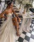 Сексуальные пляжные свадебные платья для невесты 2021, элегантные кружевные платья принцессы без бретелек, с высоким разрезом, богемные свадебные платья