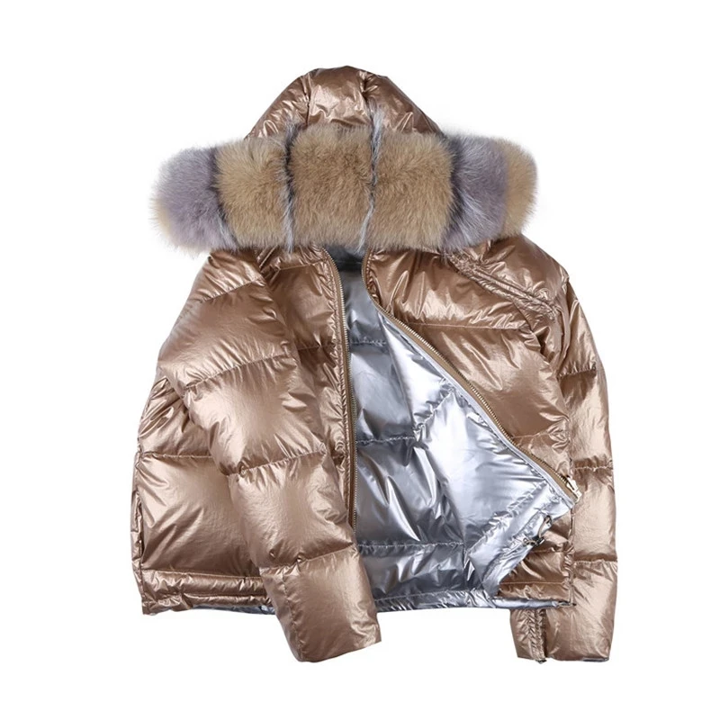 

2021 Winter Down Jacket Women Double-sided wear Glossy Short Outerwear Fox fur collar White duck down Coats Students Tops