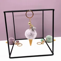 creative ice cream keychain cute plush ball pom pom pendant bag charm key chains keyring school teacher gift wedding jewelry