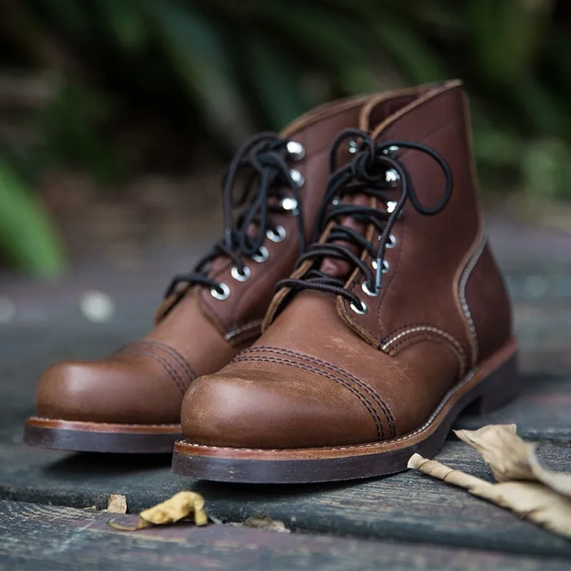 Мужские мотоциклетные ботинки из натуральной кожи с круглым носком на шнуровке |