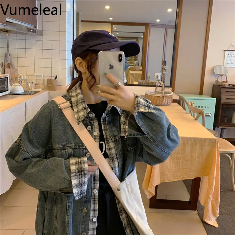 

2020 False Two Plaid Denim Coat Female Autumn Student Korean Version Harajuku Fashion Loose All-match Denim Top Autumn Coat Girl