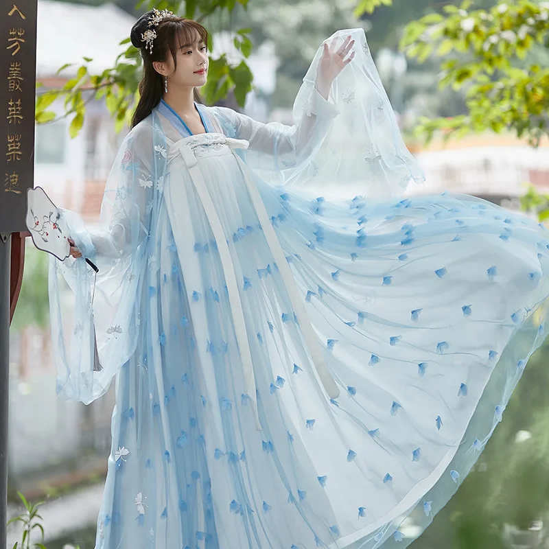 

Original National Style Hanfu Women's Suit Ru Skirt Gauze Chest Length Dress Fresh FAIRY BLUE Female Adult New Style