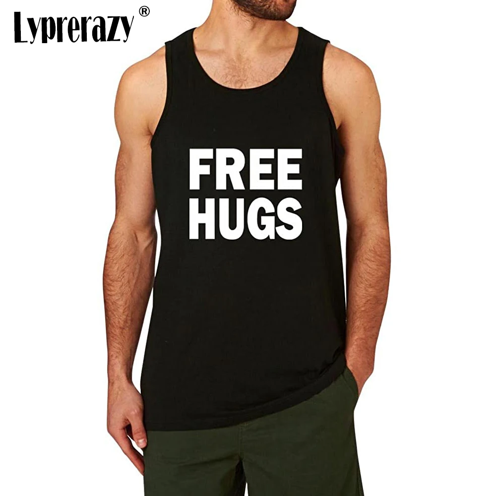 

Lyprerazy Men's Free Hugs Black Tank Top Summer Cotton Letter Print Casual Black Tank Tops