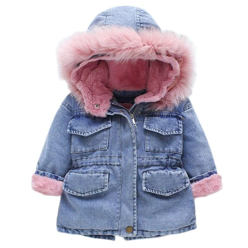 

New Winter Denim Jackets for Girls Cotton Coat 2021 New Fashion Thick Hooded Plush Princess Overcoat Kids Baby Girl Denim Coat