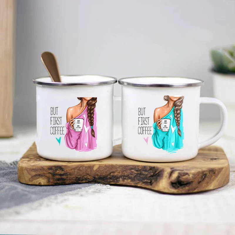 

But First Coffee Girl печатные кружки, креативная кофейная чашка, кружки для напитков, эмалированная Кружка, лучший подарок