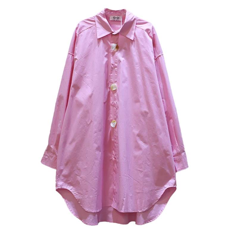 

IEQJ 2021 Spring Autumn New Fashion Turn-down Collar Solid Color Single-breasted Long Sleeve loose Women's Shirt 3AC473