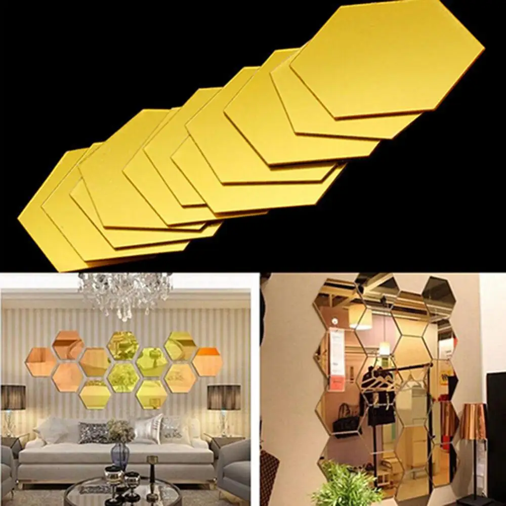 

80%HOT12Pcs Hexagonal Self Adhesive Mirror Effect Wall Sticker Living Room Decal Decor