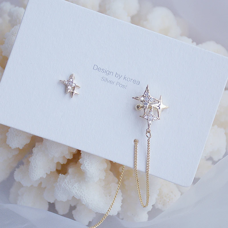 

YDL Charm Bling Asymmetry Star Women Earring Temperament Tassel Chain Fashon Stud Earring Wedding Accessories Valentine's Day