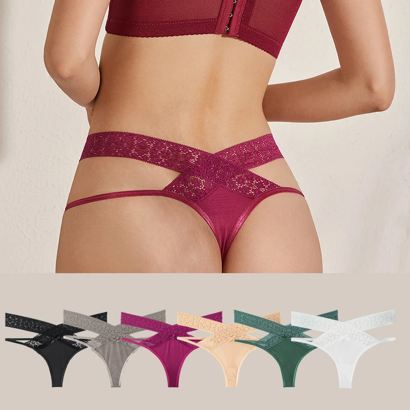 

Bragas de encaje transparentes para mujer, Tanga de cintura baja, lenceria intima, moda hueca, Color solido, ropa interior