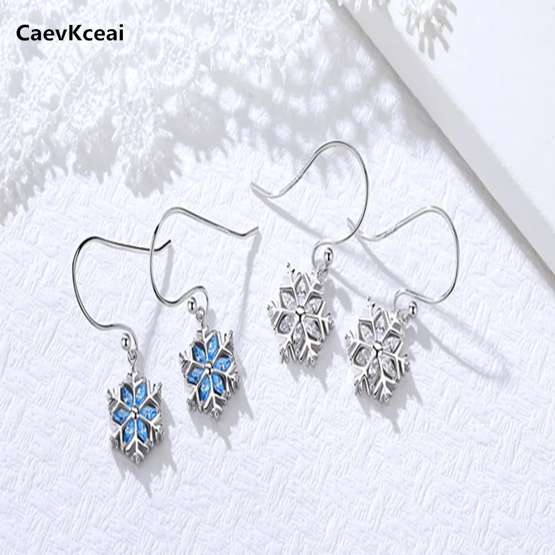 CaevKceai Элегантный 100% S925 Стерлинговое Серебро в форме Снежинки циркон серьги