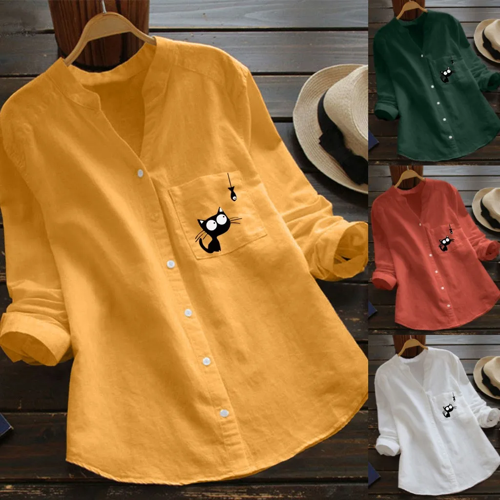 

Women Cotton Linen Casual Cat Printed Pocket Long Sleeve Shirt Button Down Solid Color Tops Office Lady Shirts 2021