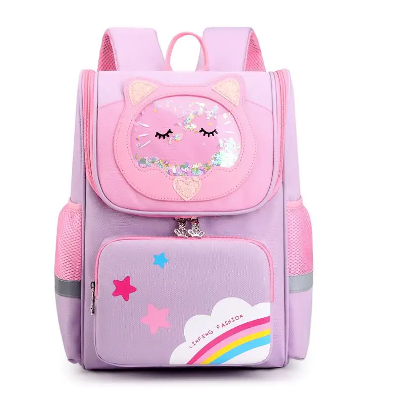 

2021 Shiny Cat Printing Kids Schoolbags Nylon Fabric Children Backpack Lovely Transparent Cat Pattern School Girls Students Bag