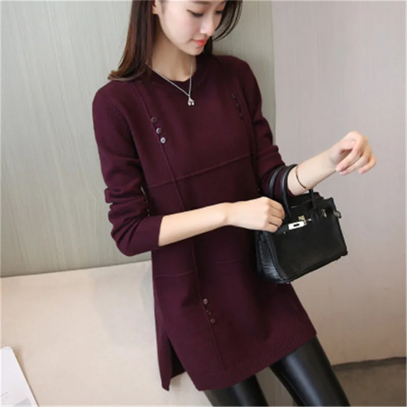 Осенние повседневные вязаные свитеры женские пуловер средней длины Дамская