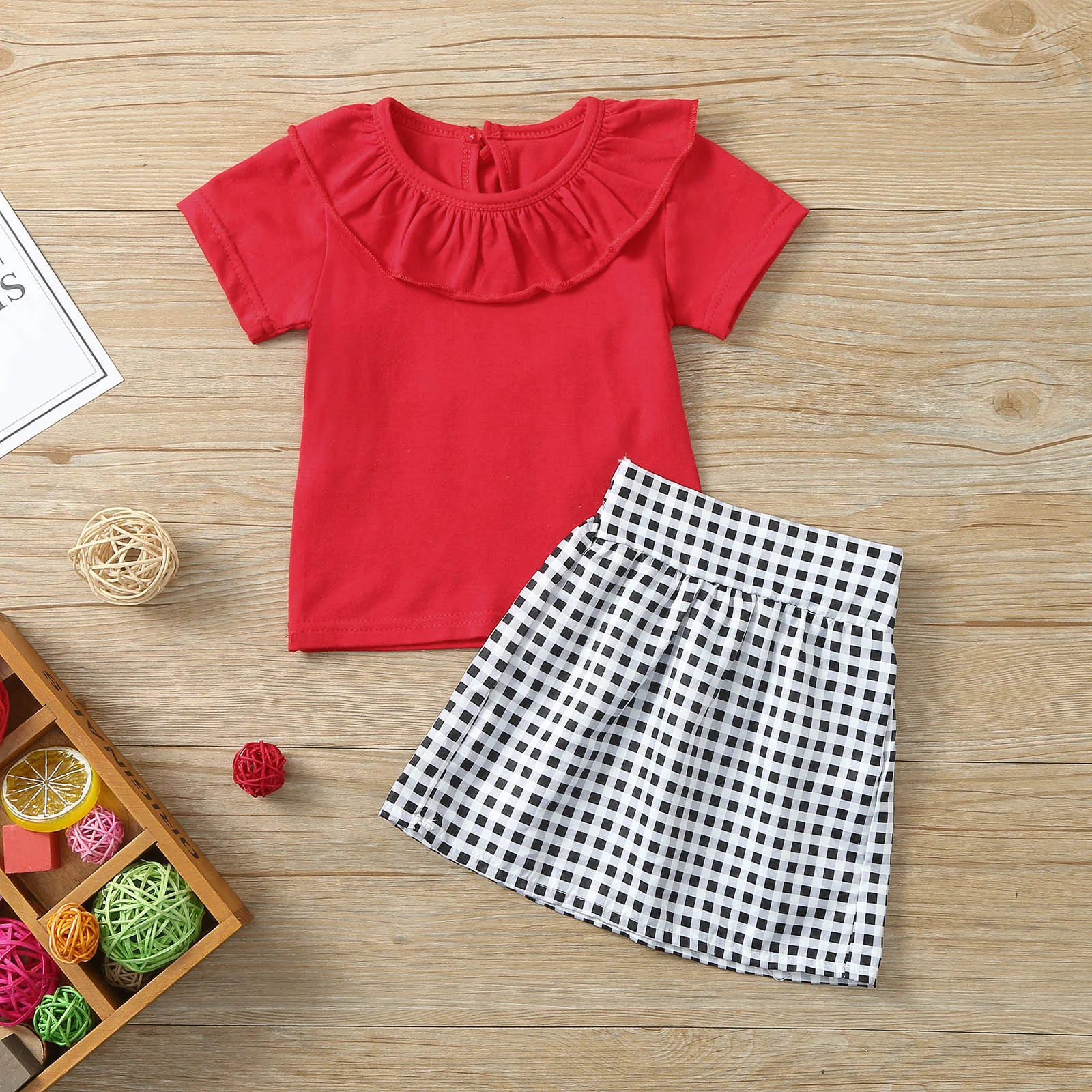 

6M-5Y Baby Girl Clothes Set Kids Red Ruffles Short Sleeve Tops Tee T-Shirt Plaid Skirts Casual Outfits Sets комплек одежд L*