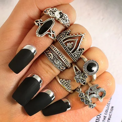 

10Pcs/Set Silver Black Gem Rings For Women 2021 Trend Jewelry Stainless Steel Women Rings European And American Cool Style