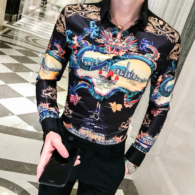 Мужская рубашка с длинным рукавом мужская цветочным принтом приталенная