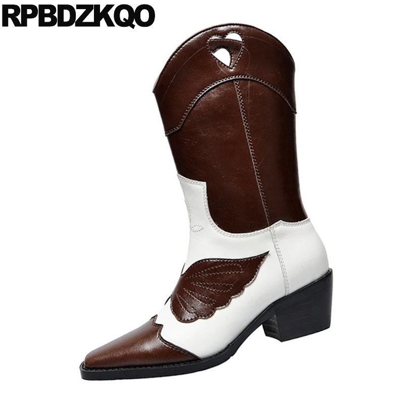 Женские ковбойские ботинки до середины икры коричневые из натуральной кожи с