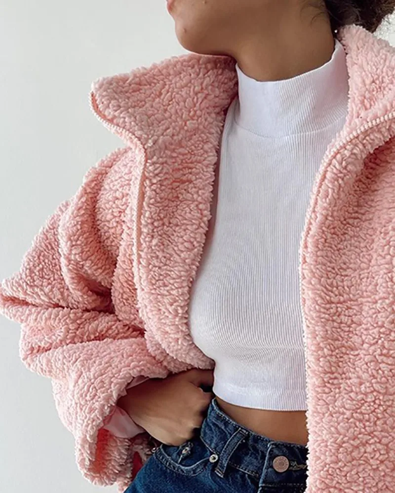 

Новинка 2021, розовое двухстороннее кашемировое пальто на молнии, осенне-зимняя свободная хлопковая одежда из овечьей шерсти с лацканами и ру...