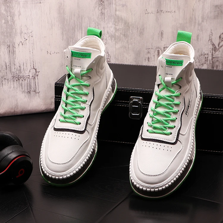 Harga Tren Korea Sepatu Papan Atas Tinggi Kulit Flat Hip Hop Sneakers Pria Sepatu Bot Pelatih Pergelangan Kaki