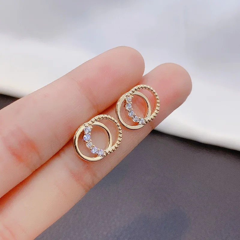

New ladies small double round earrings new trendy simple net red gift earrings cold wind earrings S925 silver needle earrings