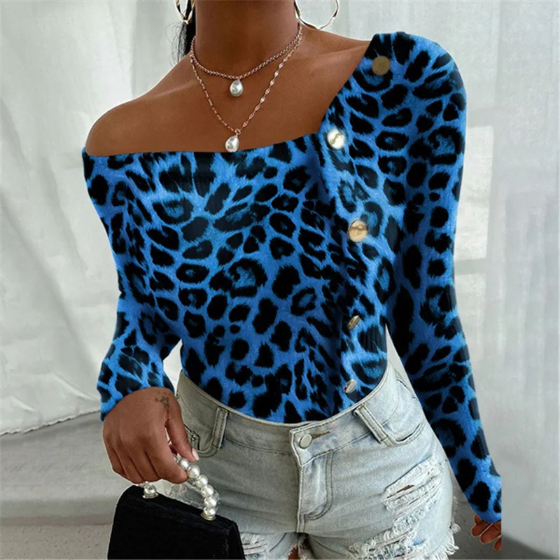 

2021 New Fashion Women Sexy Shirt Autumn Strapless Button Clothes Printed Leopard Long Sleeve Street Weae Drop Shipping M840