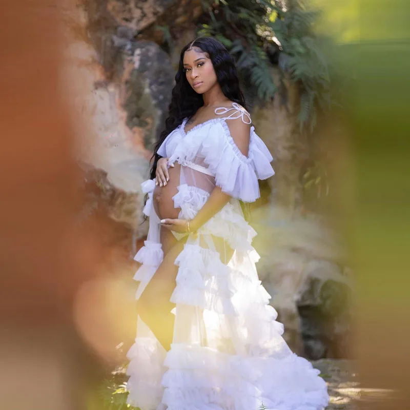 

Photoshoot Robe Maternity Dress Transparent White Puffy Ruffles Prom Gown Spaghetti Tulle Maternity Dressing For Baby Shower