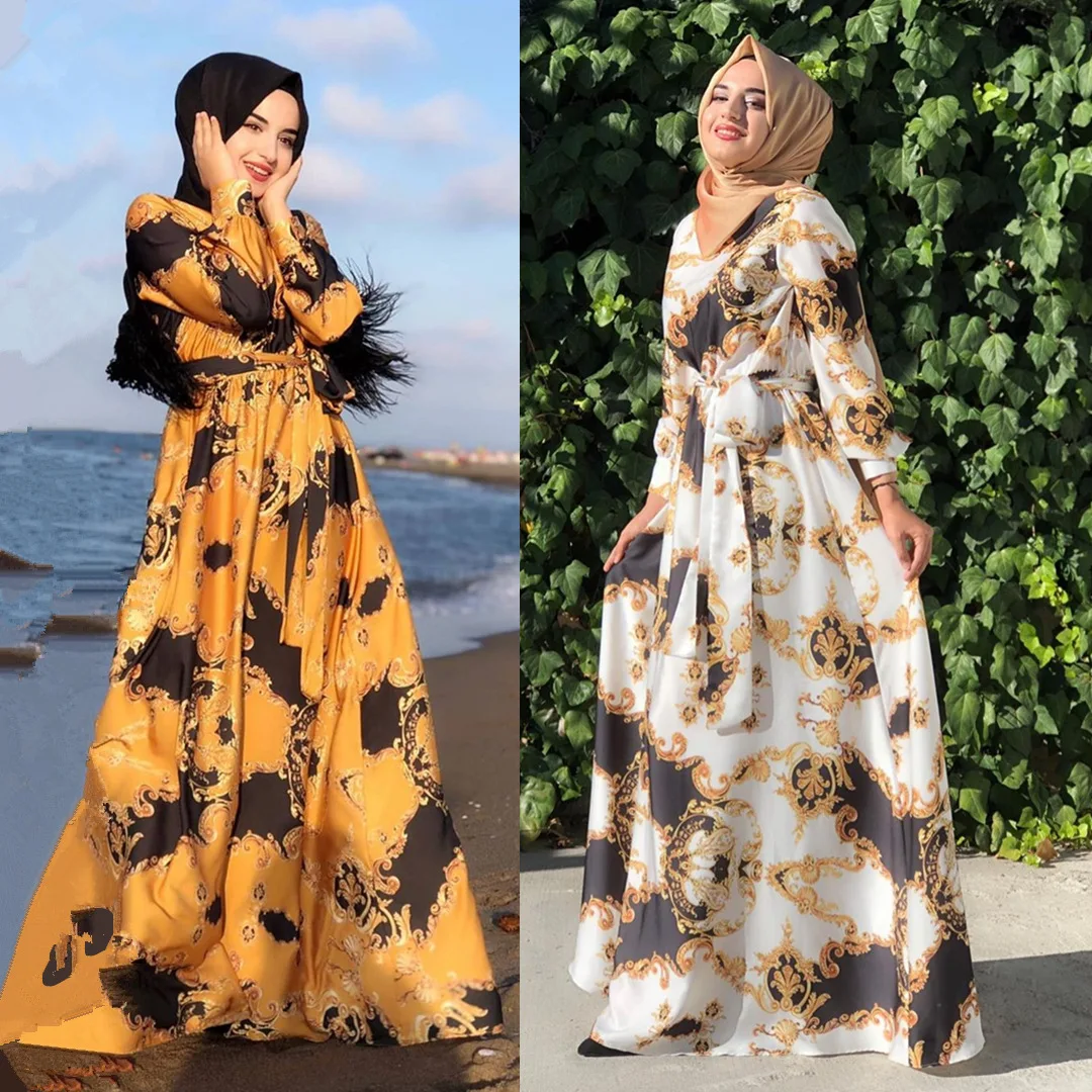 

Dubai Abaya Women's Hijab Dresses Muslim Elegant Printing Robe Turkey Arab Lady Sundress Islam Femme Belted Longue Vestidos